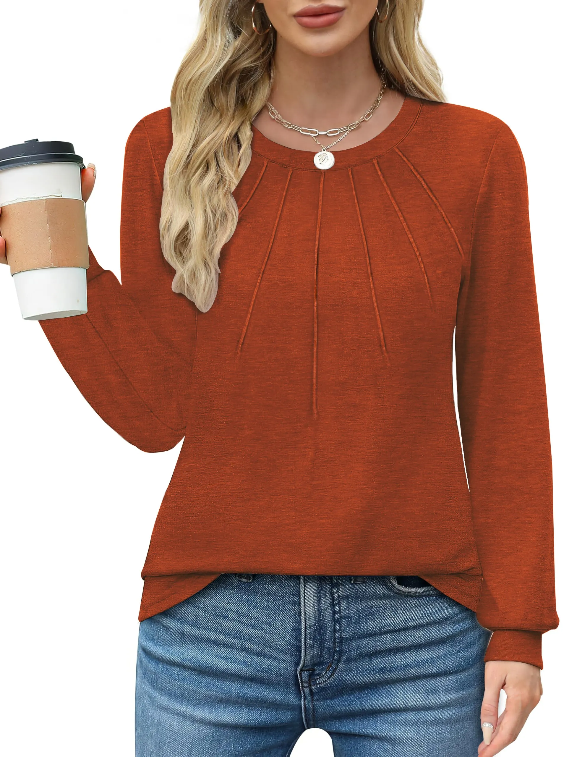 Rosvigor Blouses for Women Dressy Long Sleeve Shirts Casual Fall Tops Winter Tunic with Pleats