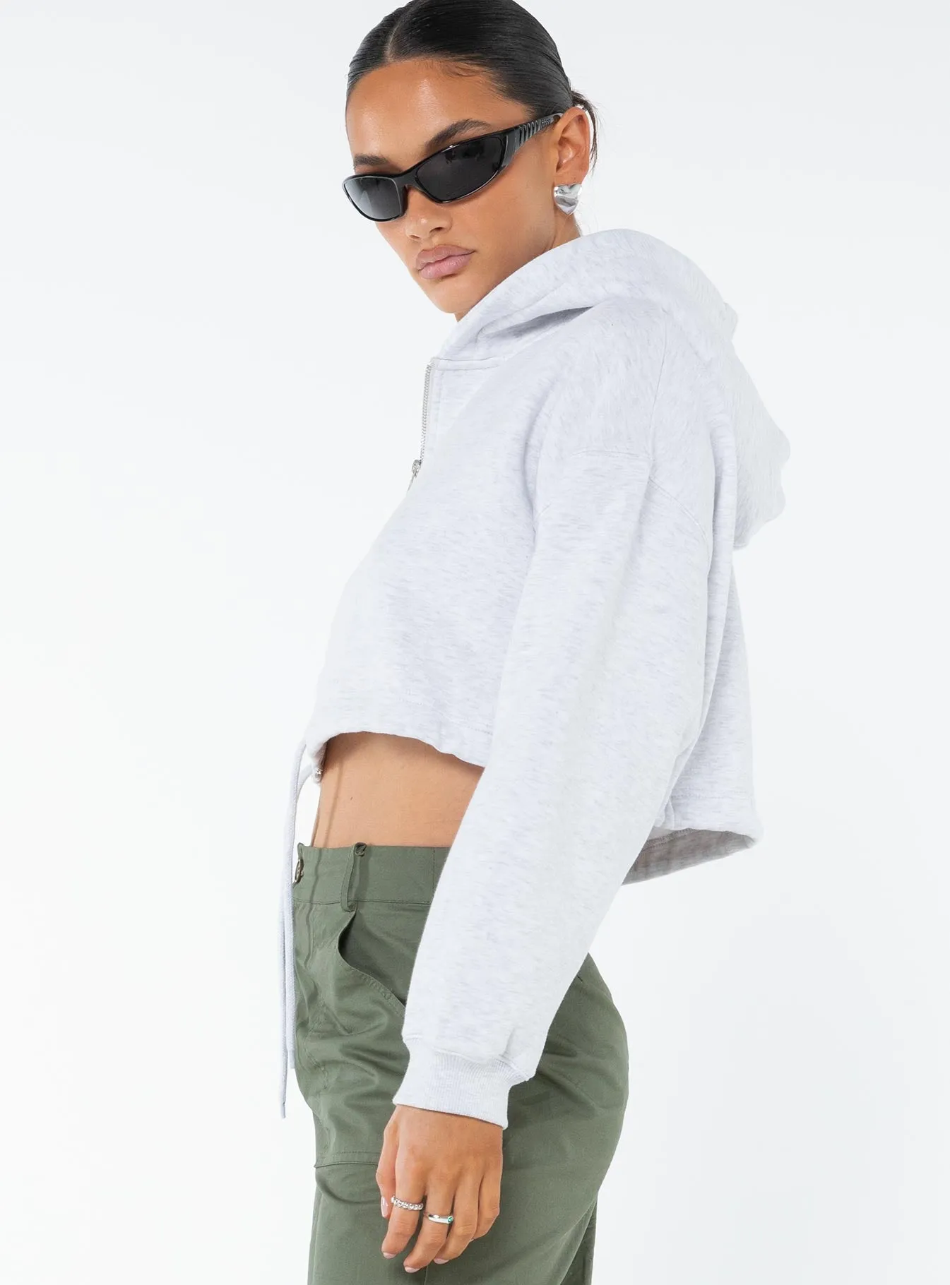Samwell Cropped Zip Up Hoodie White Marle