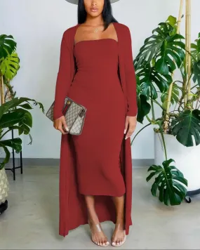 Scarf Print Tube Bodycon Dress With Longline Coat