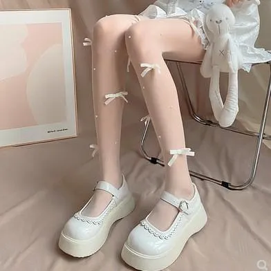 Sheer mesh faux pearl bowknot tights