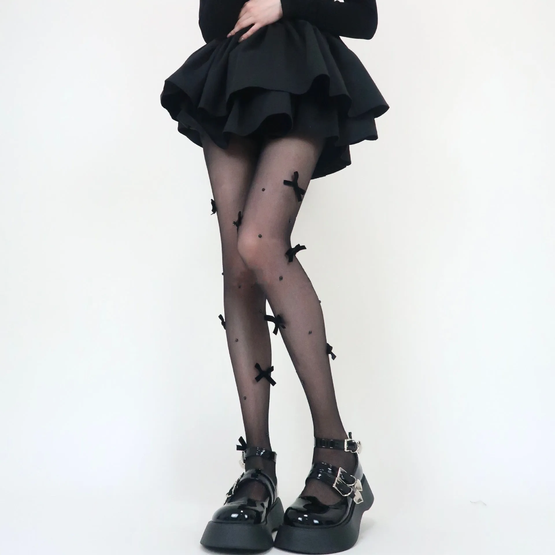 Sheer mesh faux pearl bowknot tights