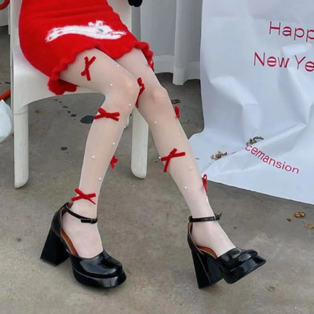 Sheer mesh faux pearl bowknot tights