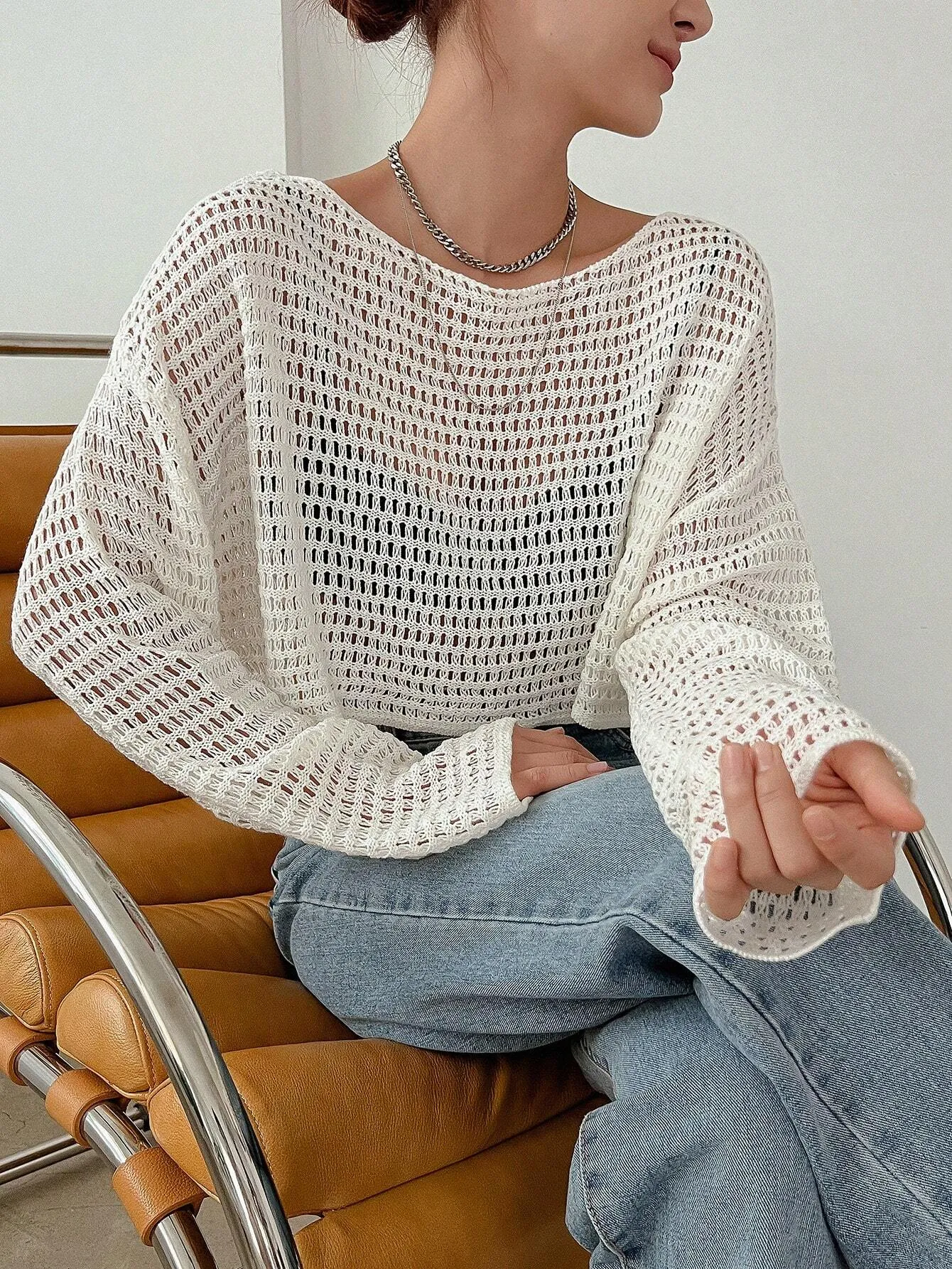 SHEIN DAZY Hollow Out Drop Shoulder Crop Sweater