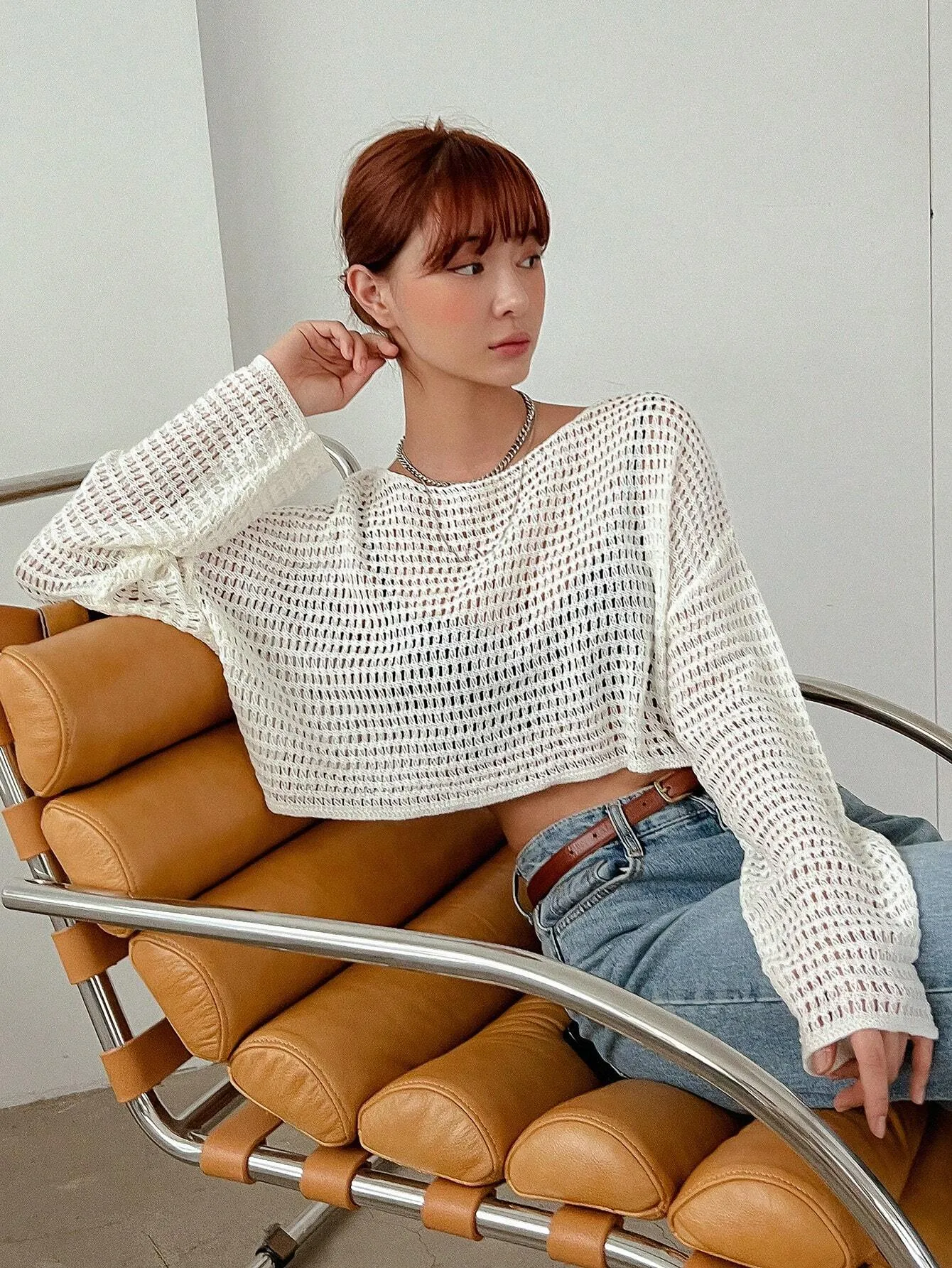 SHEIN DAZY Hollow Out Drop Shoulder Crop Sweater
