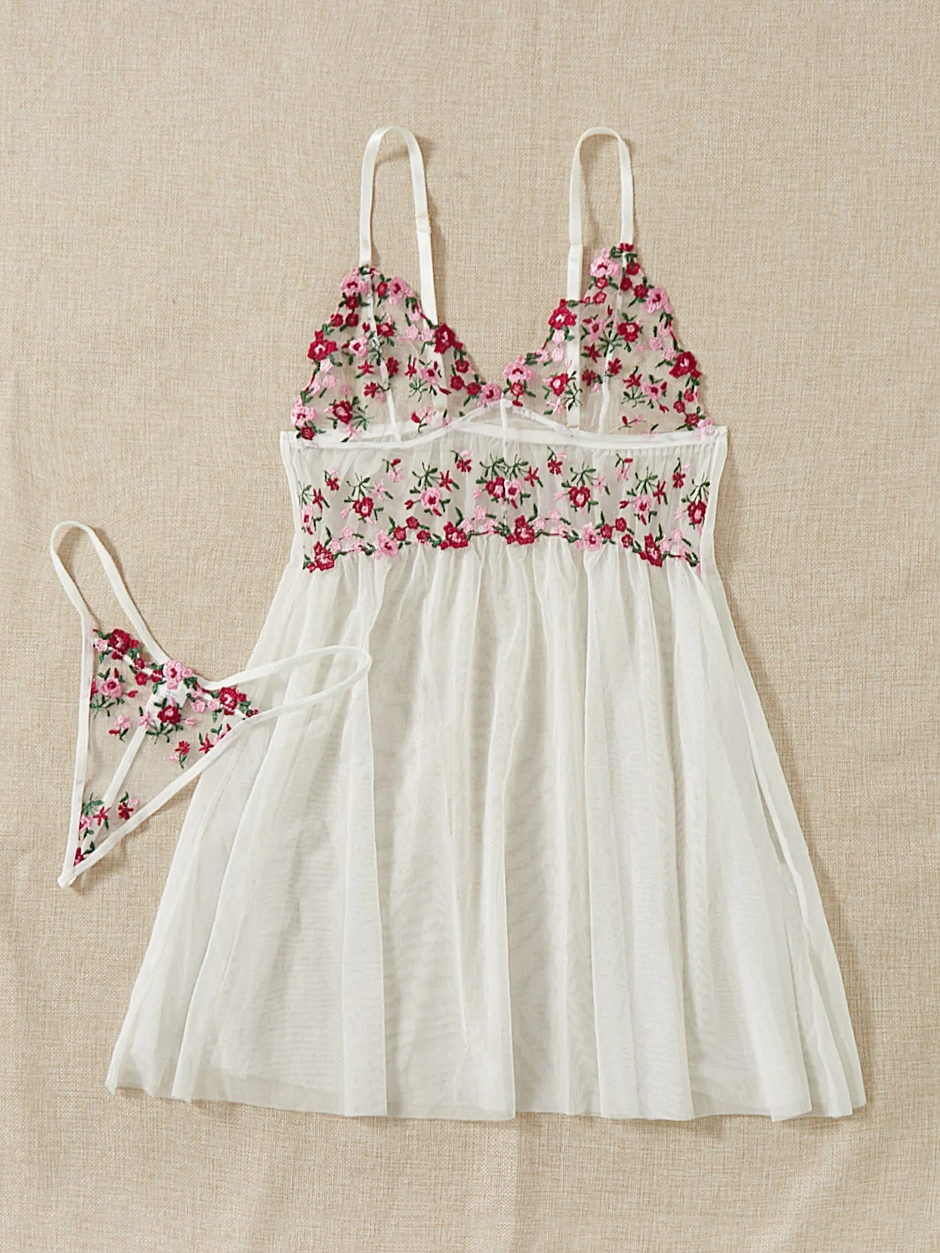 SHEIN Floral Embroidery Mesh Slips With Thong