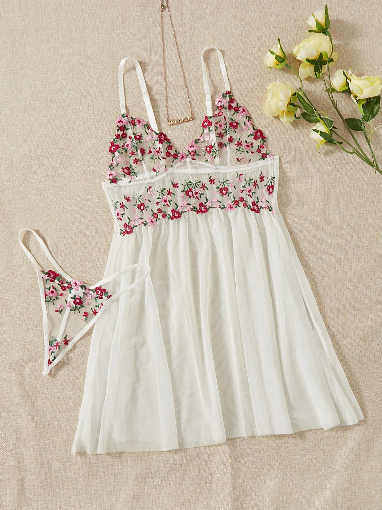 SHEIN Floral Embroidery Mesh Slips With Thong