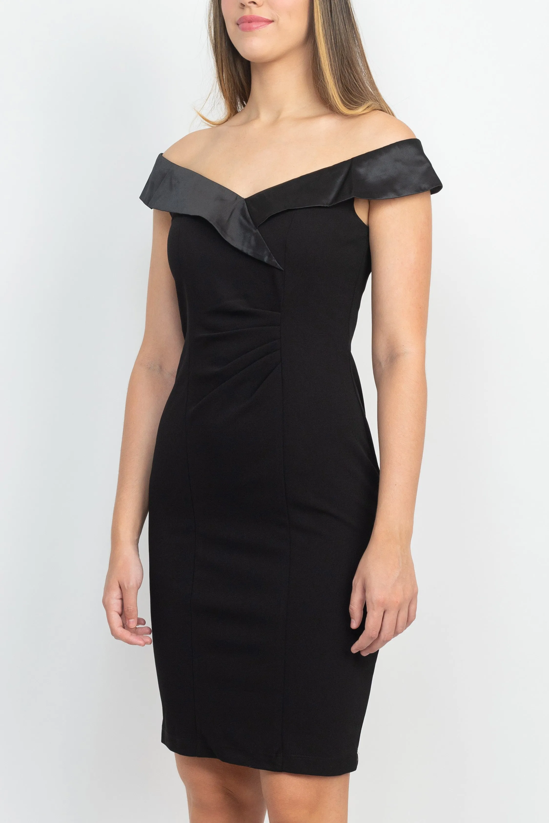 SL Fashion Off Shoulder Sleeveless Bodycon Zipper Back Ruched Bodice Detail Jersey Dress