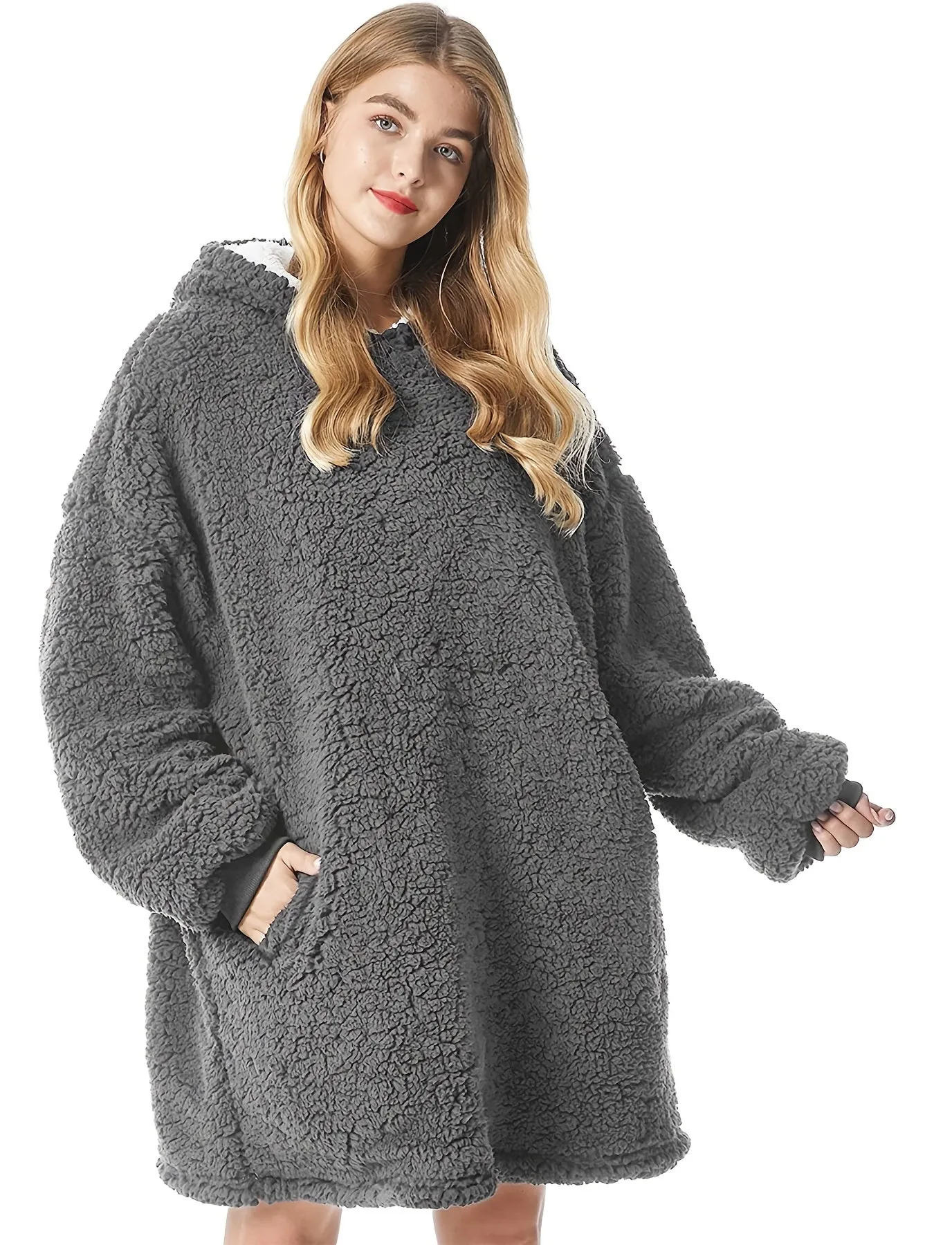 Solid Plush Hooded Robe, Warm & Comfy Wearable Blanket Robe With Pockets, Women's Sleepwear