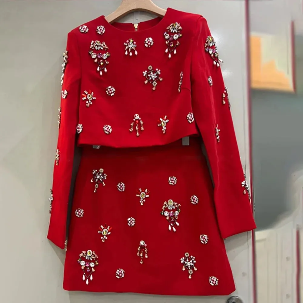 Spliced Diamonds Casual Two Piece Set For Women Round Neck Long Sleeve Top High Waist A Line Skirt Solid Vintage Sets Female