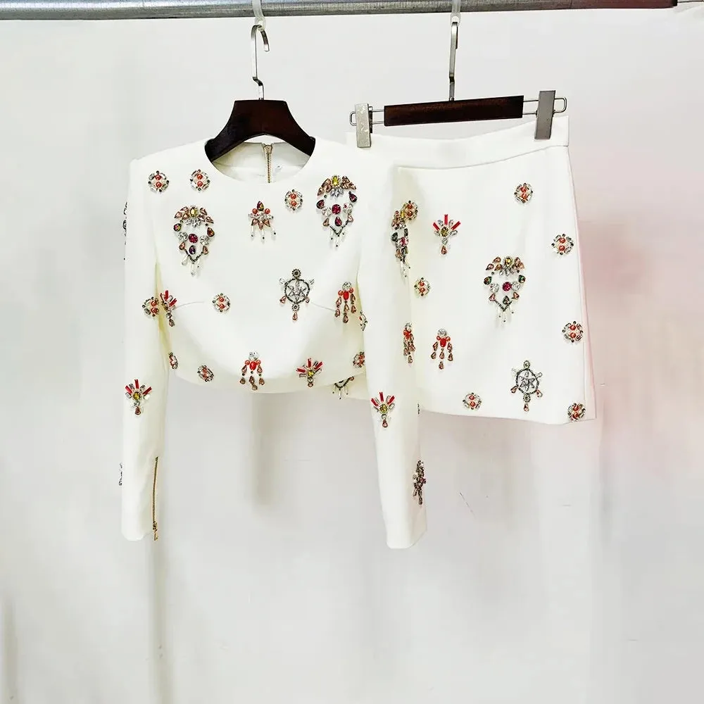 Spliced Diamonds Casual Two Piece Set For Women Round Neck Long Sleeve Top High Waist A Line Skirt Solid Vintage Sets Female