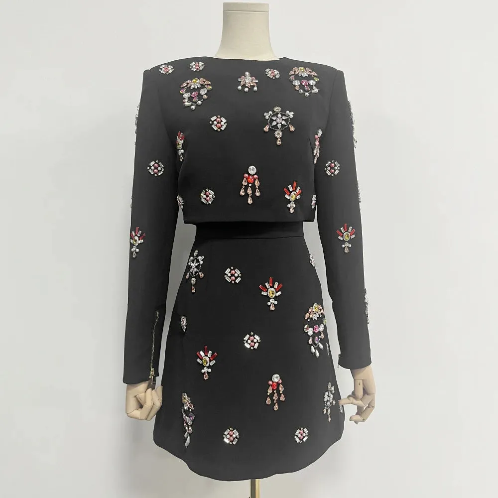 Spliced Diamonds Casual Two Piece Set For Women Round Neck Long Sleeve Top High Waist A Line Skirt Solid Vintage Sets Female