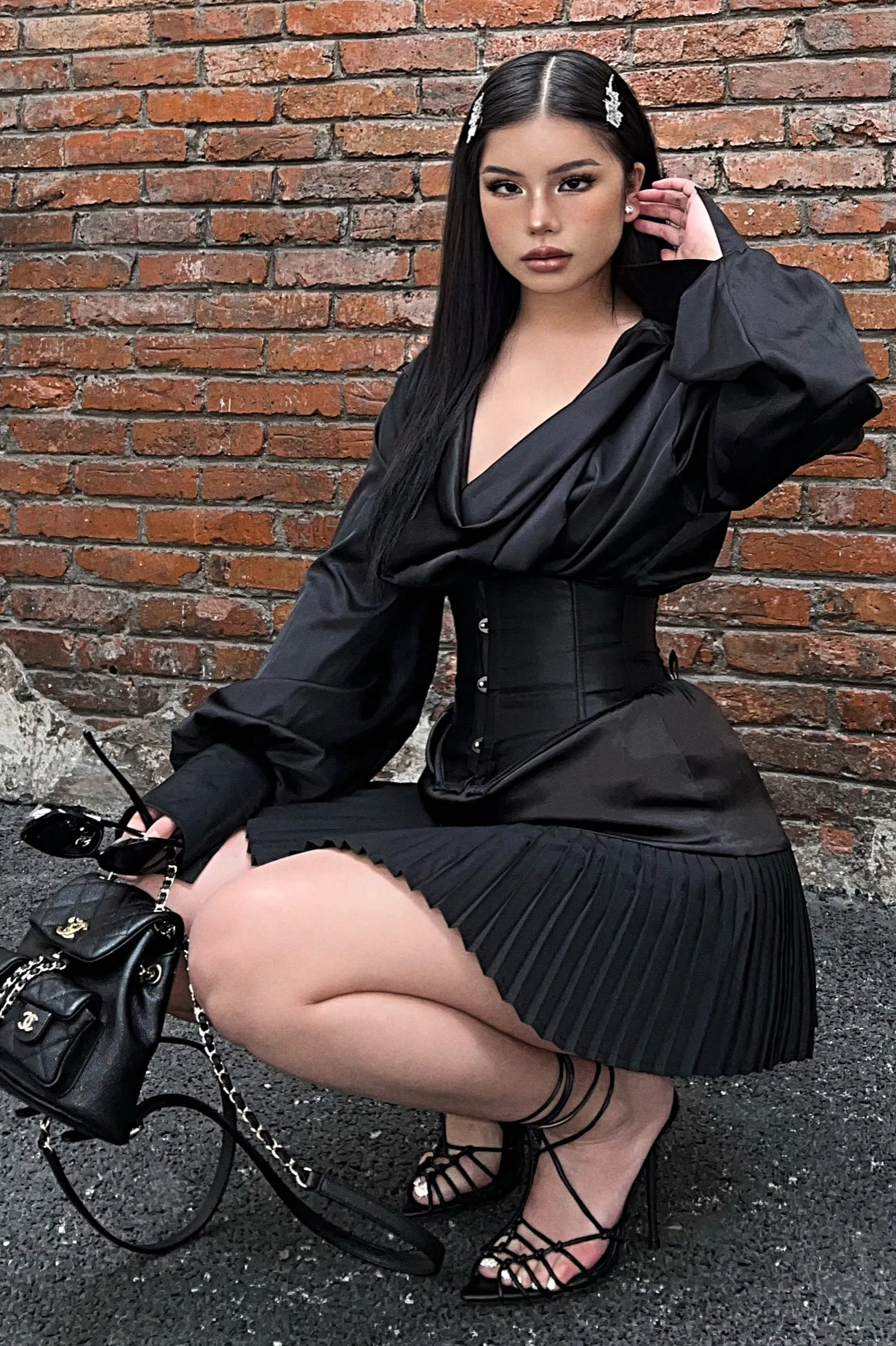 SYNEZ Gaia Solid Color Satin Loose Blouse   Pressed Pleated Panels Satin Skirt Matching Set