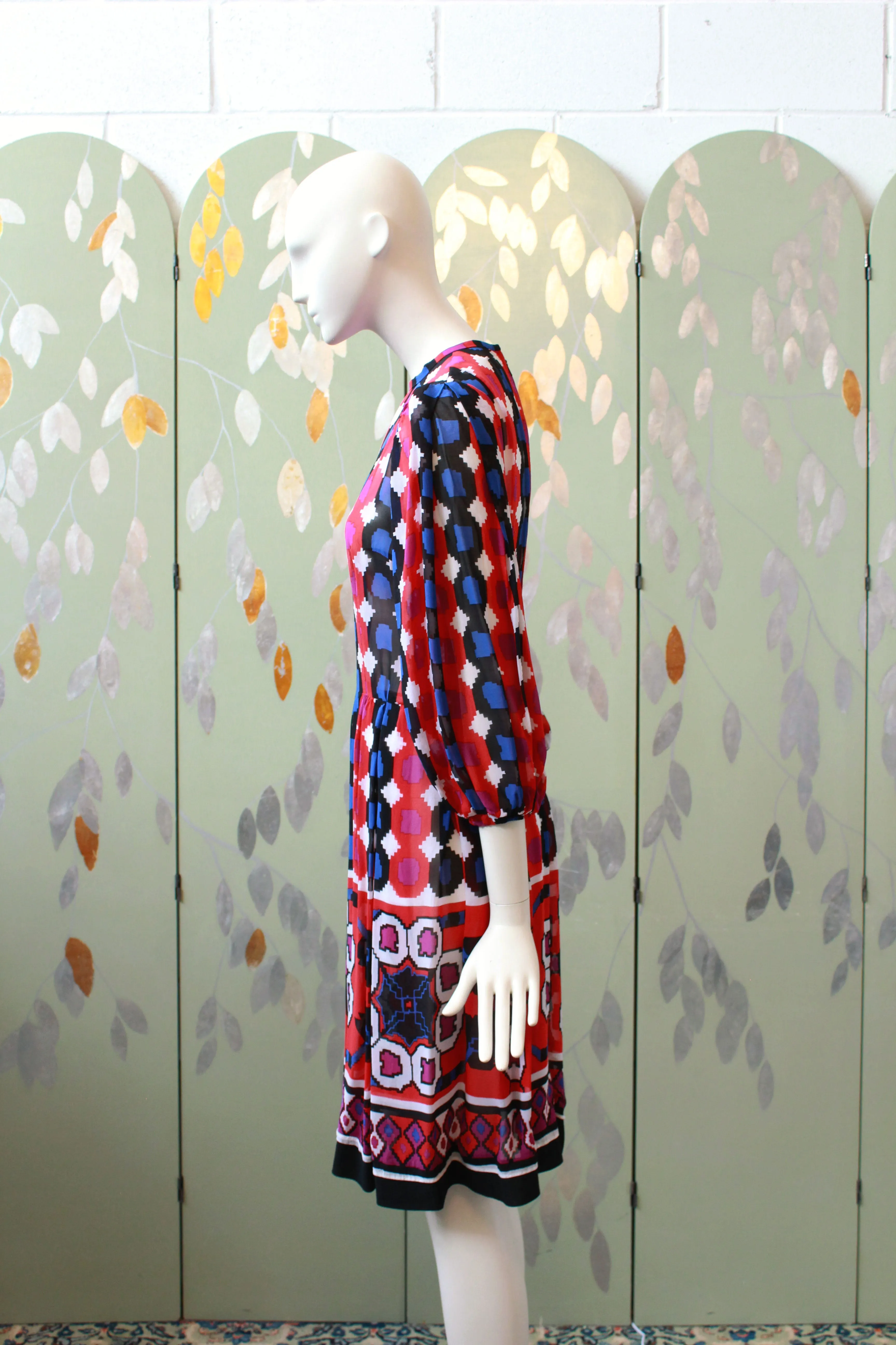 Vintage 1970s Chiffon Circle Print Tunic Party Dress, XS
