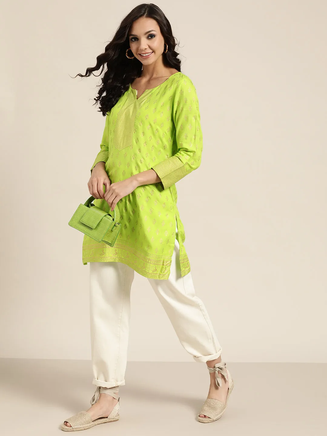 Women Neon Green Foil Print Liva Tunic