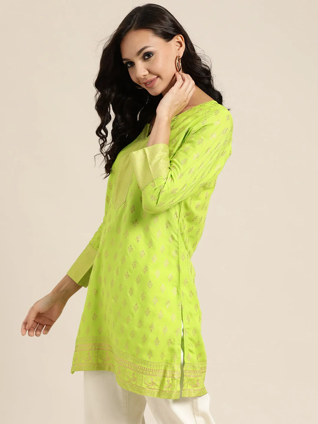 Women Neon Green Foil Print Liva Tunic
