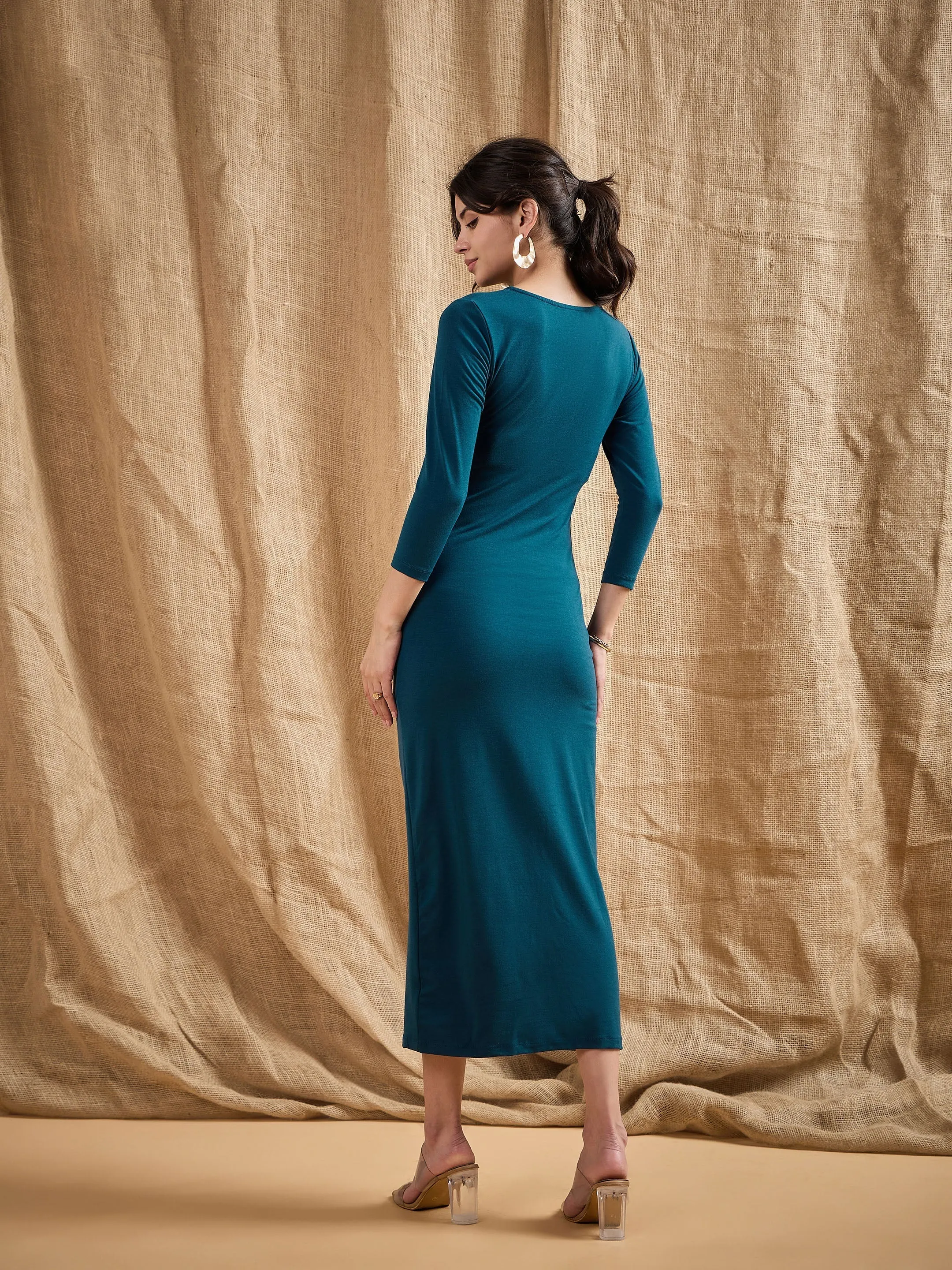 Women Teal Waist Ruched Bodycon Maxi Dress