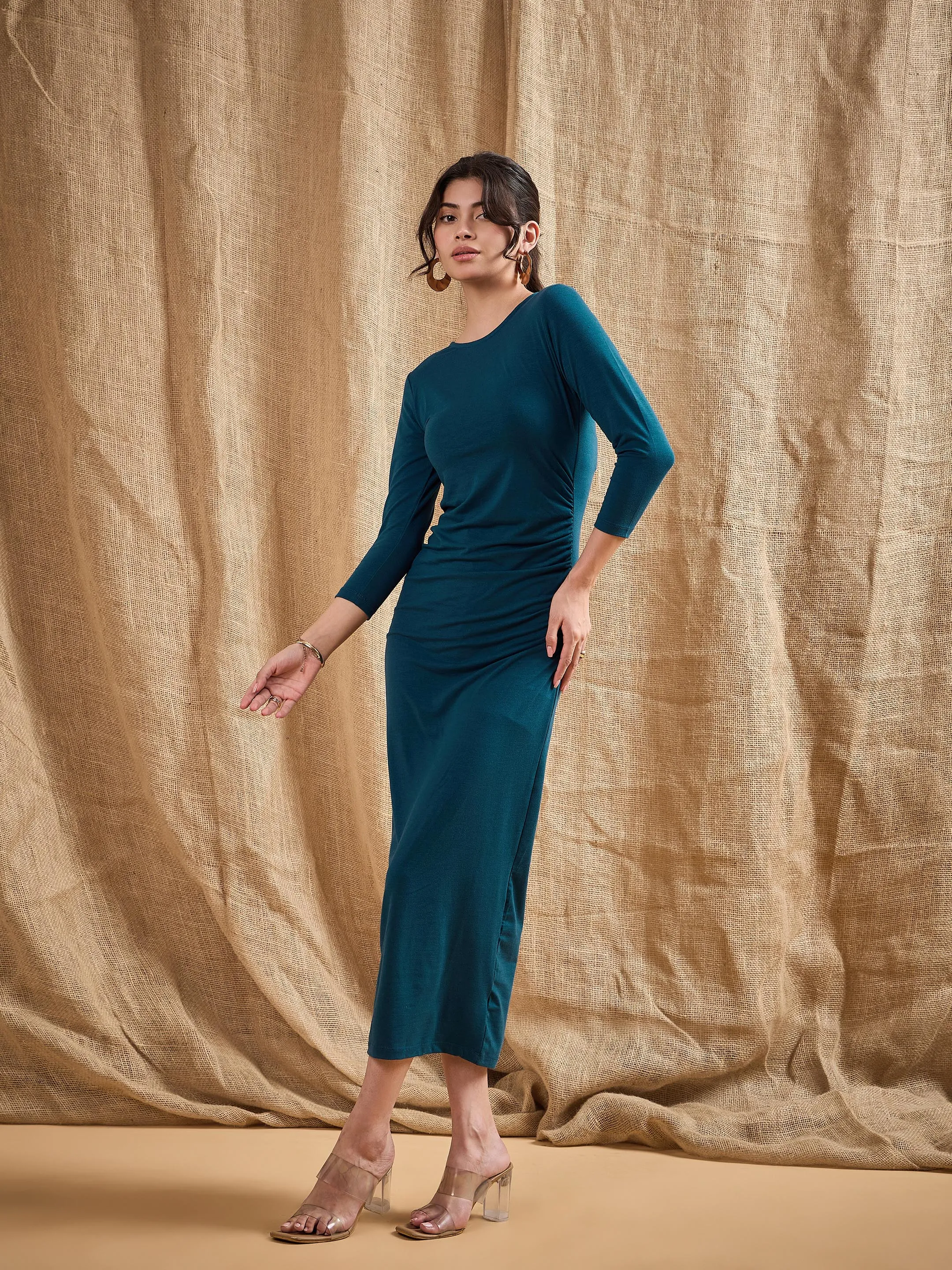 Women Teal Waist Ruched Bodycon Maxi Dress