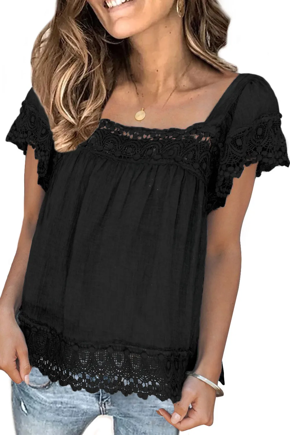 Womens Lace Top Pom Pom Splicing Square Neck Blouse